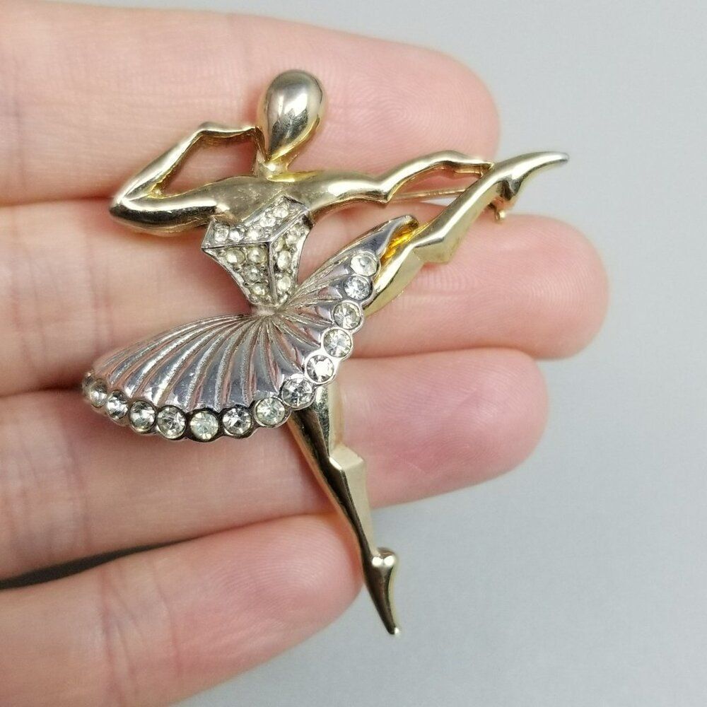 Vintage Ballerina Dancer Rhinestone Gold Plated Ballet of Jewels Brooch Unsigned - Picture 6 of 7